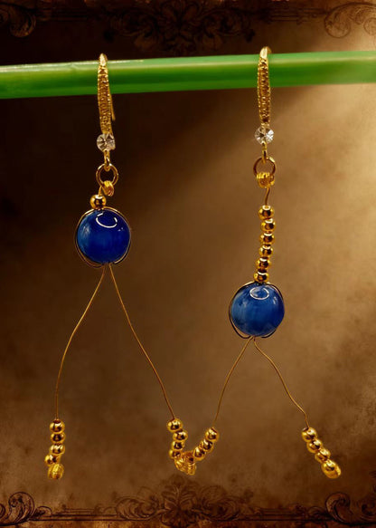 Retro Peacock Blue Tasseled Gem Stone Drop Earrings