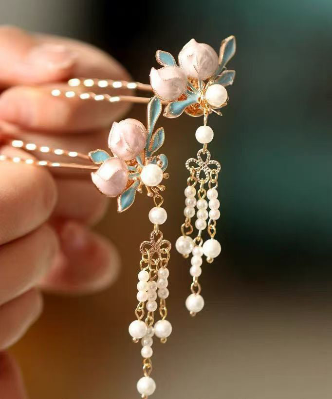 Chinese Style Multicolor Copper Alloy Pearl Drip Glaze Tassel a Pair Hairpin