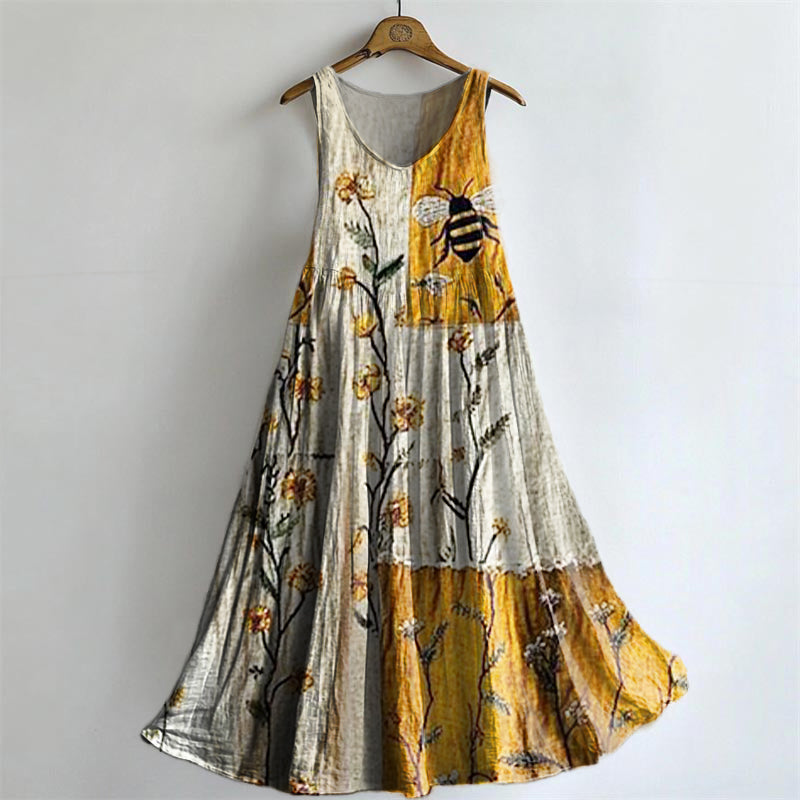 Women's Retro Floral Bee Patchwork Art Print Crew Neck Sleeveless Cott