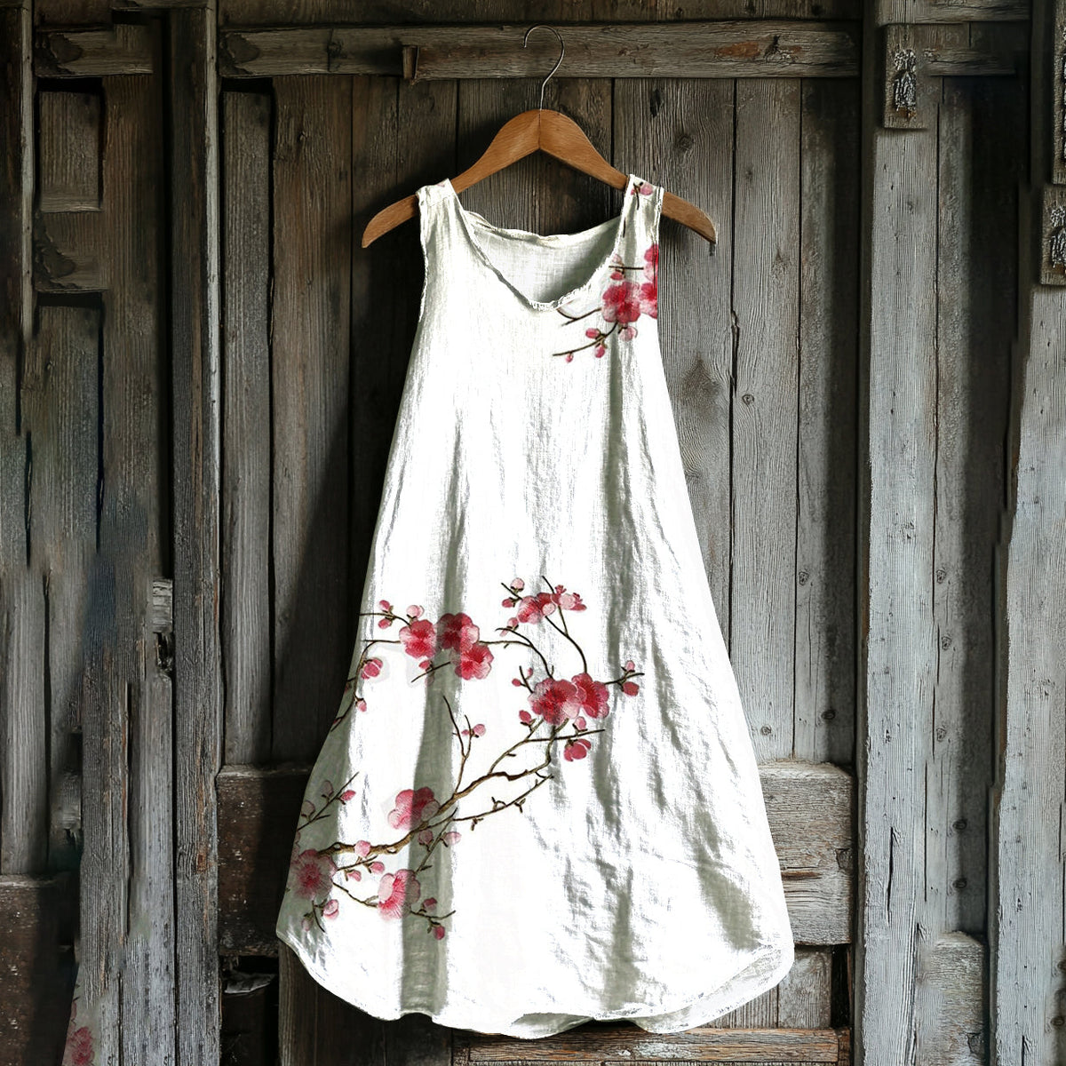 Vintage Cherry Blossom Art Linen Blend Tank Dress elevenforest