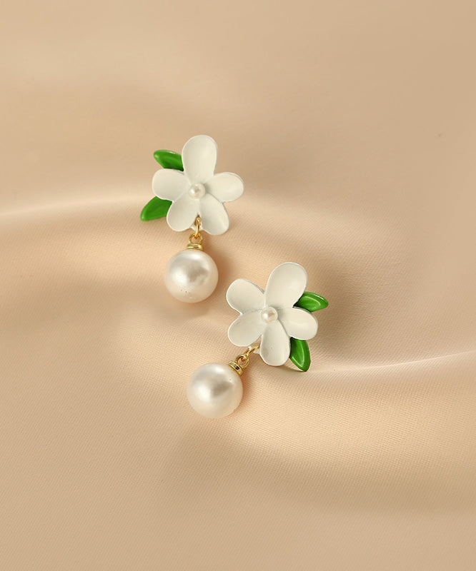 Diy Colorblock Alloy Pearl Gardenia Drop Earrings