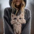 Comstylish Cute Fuzzy Cat Embroidered Cozy Hooded Sweater