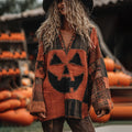 Vintage Patchwork Halloween Pumpkin Face Art Linen Shirt elevenforest