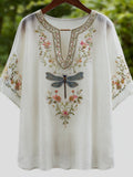 Vintage Cotton And Linen Dragonfly And Flower Pattern White V-neck Short-sleeved T-shirt elevenforest