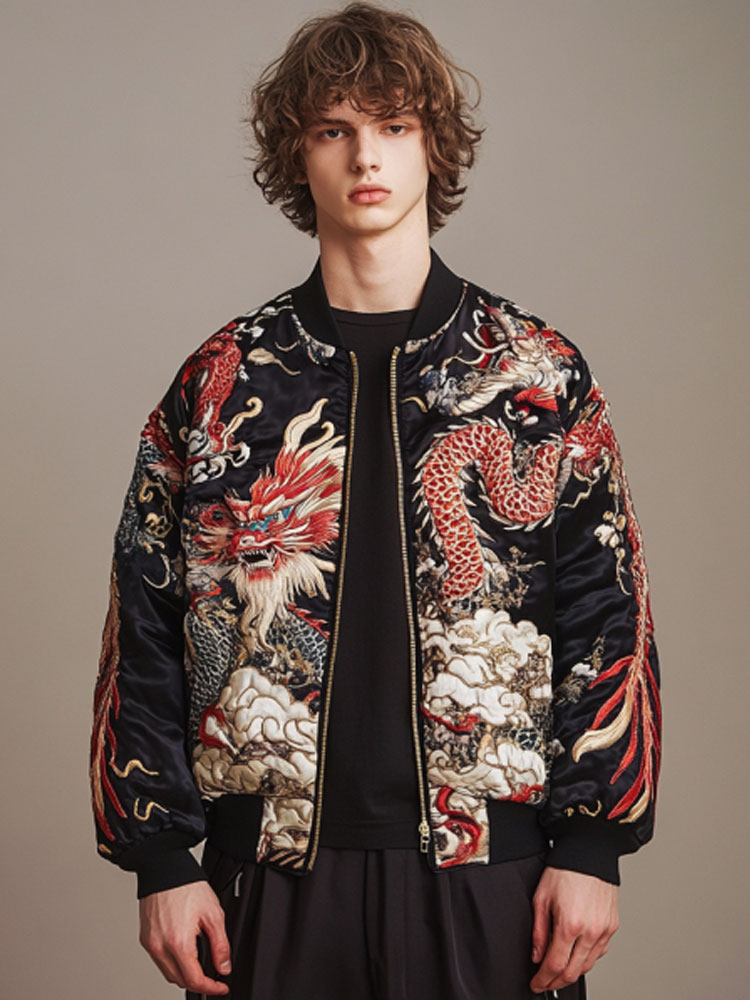 Men's Vintage Japanese Art Dragon Embroidery Print Coat elevenforest