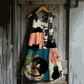 Vintage Cute Cats Patchwork Art Linen Blend Tank Dress elevenforest