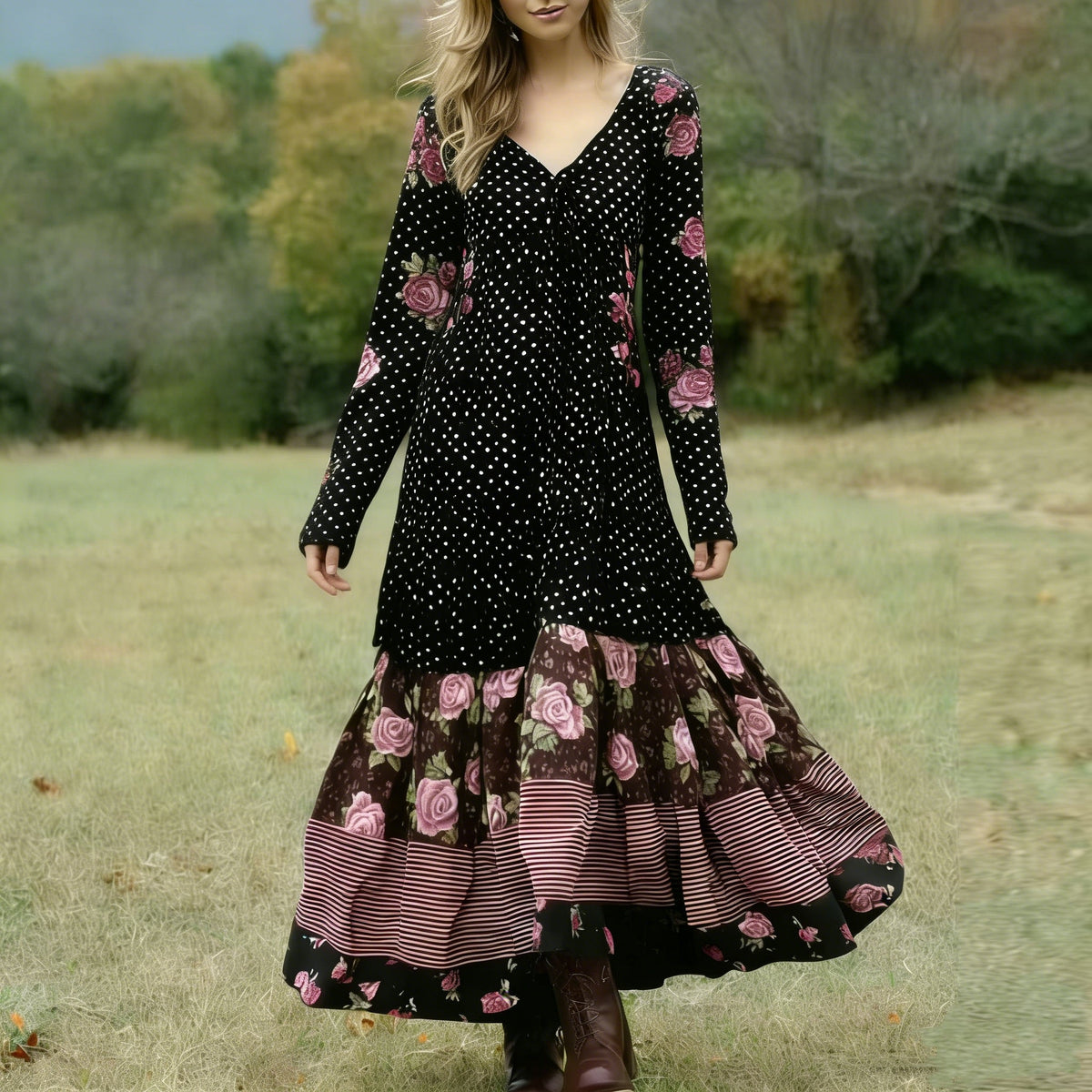 Women's Retro Polka Dot And Rose Floral Pattern Casual Linen V-neck Dress elevenforest