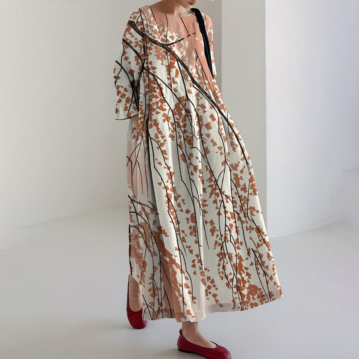 Women's Japanese Flower Art Print Crew Neck Loose Midi Dress elevenforest