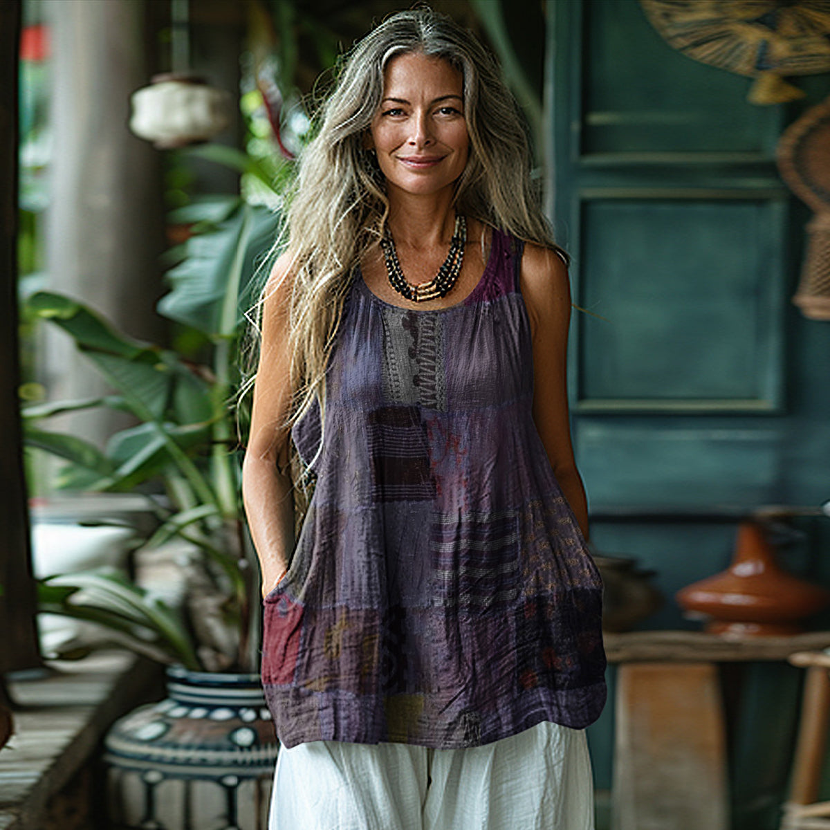 Comstylish Women's Loose Patchwork Linen Sleeveless Tank Top