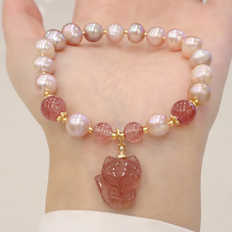 Buddha Stones Natural Pearl Strawberry Quartz Fox Love Healing Charm Bracelet