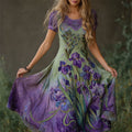 Oil Painting Purple Irises Embroidered Lace Patchwork Linen Maxi Dress