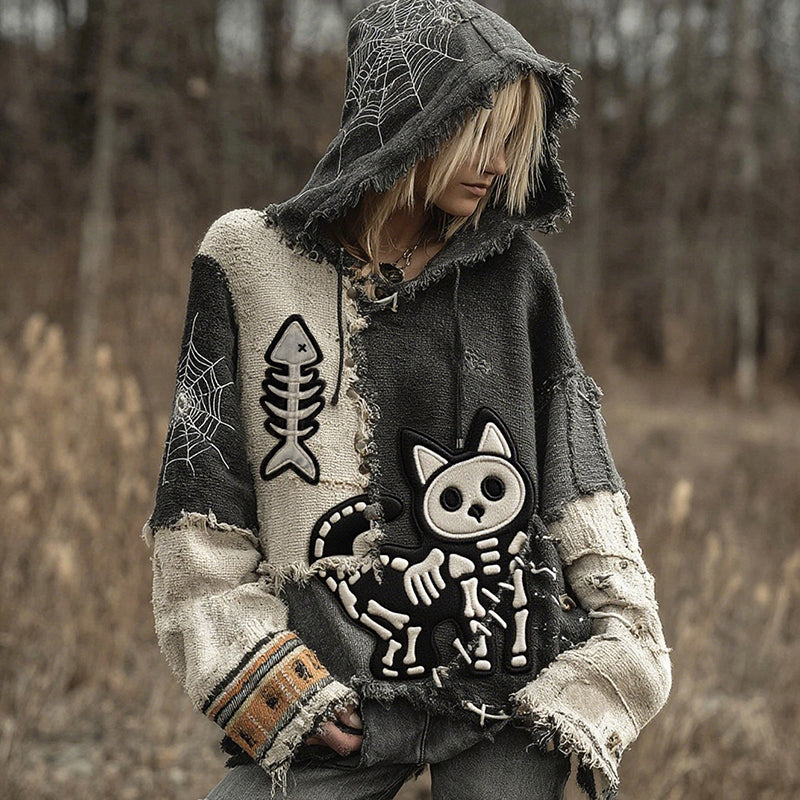 Halloween Black Cat Skeleton Contrast Stitched Hooded Cozy Knit Sweater elevenforest