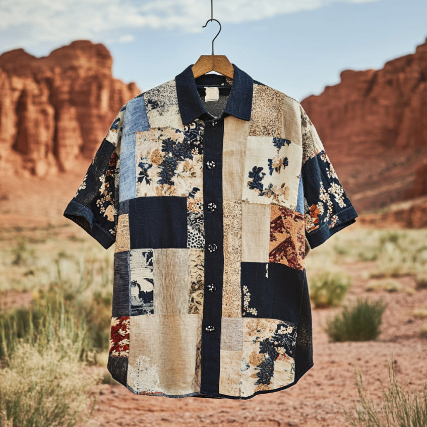 Men's Applique Patchwork Art Casual Short Sleeve Shirts elevenforest