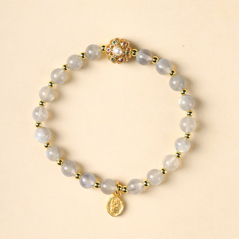 Buddha Stones 14k Gold Plated Natural Strawberry Quartz Labradorite Sun Stone Fu Character Positive Charm Bracelet