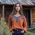 Vintage Bohemian Tribal Art Embroidery Print Cotton And Linen Loose Shirt elevenforest