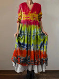 Women's Tie-Dye Colorblocked Pattern Art Print V-Neck Button Pocket Co