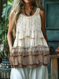 Comstylish Vintage Floral Lace Layered Flowy Linen Tank Top
