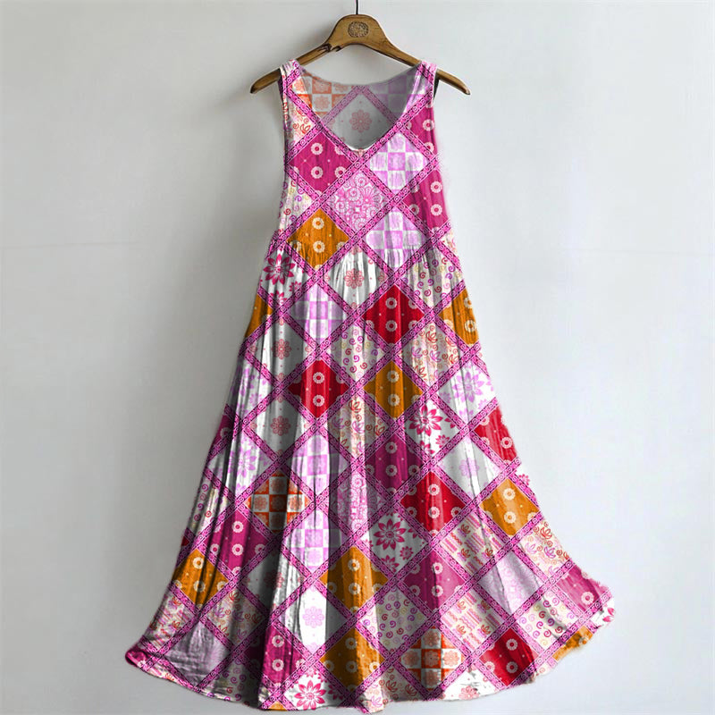 Women's Vintage Bohemian Floral Art Print Crew Neck Sleeveless Cotton