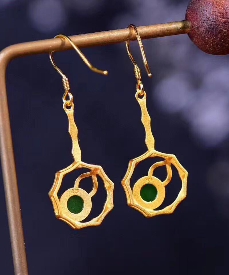 Green Sterling Silver Overgild Jade Gourd Drop Earrings