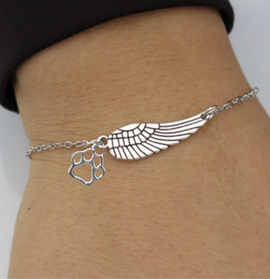 Silver Memorial Bracelet With Angel Wing & Paw Print | Handmade