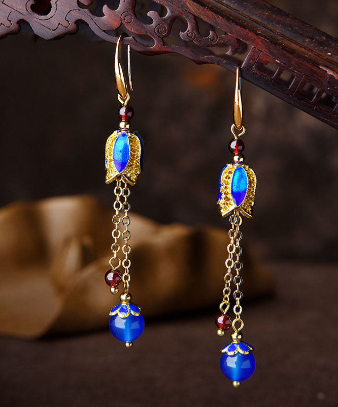 Blue Agate Cloisonne Tassel 14k Gold Drop Earrings