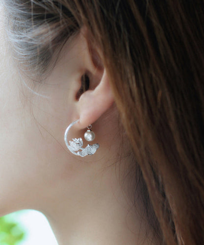 Silk Sterling Silver Pearl Lotus Hoop Earrings