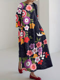 Japanese Art Flower Print Casual Loose Midi Dress