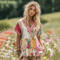 Women's Holiday Embroidered Floral Patchwork V-neck T-shirt elevenforest