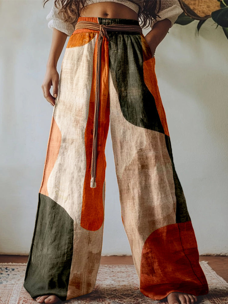 Comstylish Vintage Abstract Boho Art Linen Blend Casual Pants