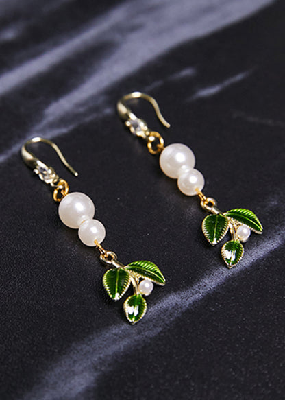 Diy Green Leaf Pearl Zircon Drop Earrings