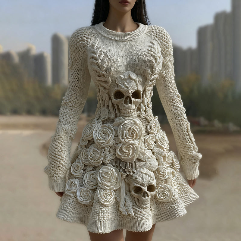 Comstylish Women's Halloween Skull With Rose Art Cozy Knit Sweater Dress