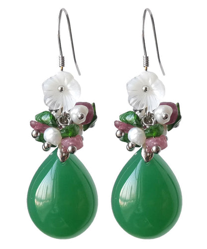 Green Silver Inlaid Shell Flower Chalcedony Pearl Drop Earrings