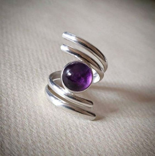 Spiral Purple Crystal Silver Ring