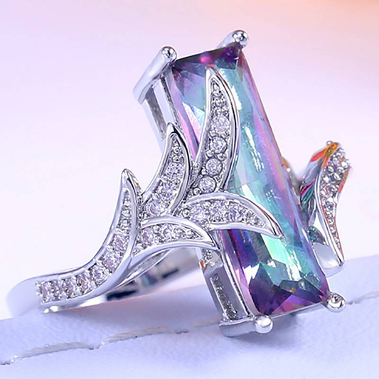 Rectangular Colorful Crystal Silver Ring