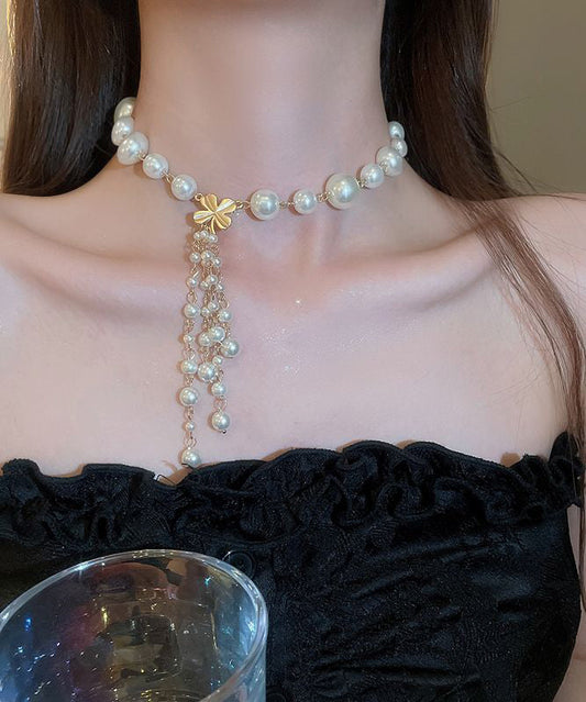 White Alloy Pearl Tassel Pendant Necklace