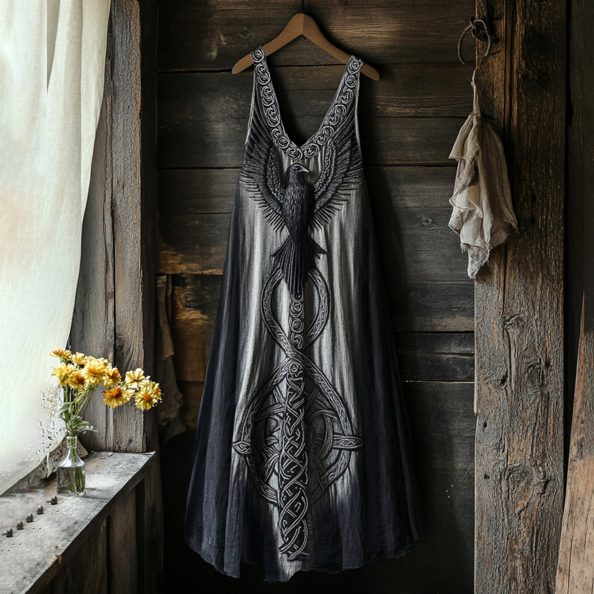 Women's Viking Tribal Bird Totem Linen Tank Dress elevenforest