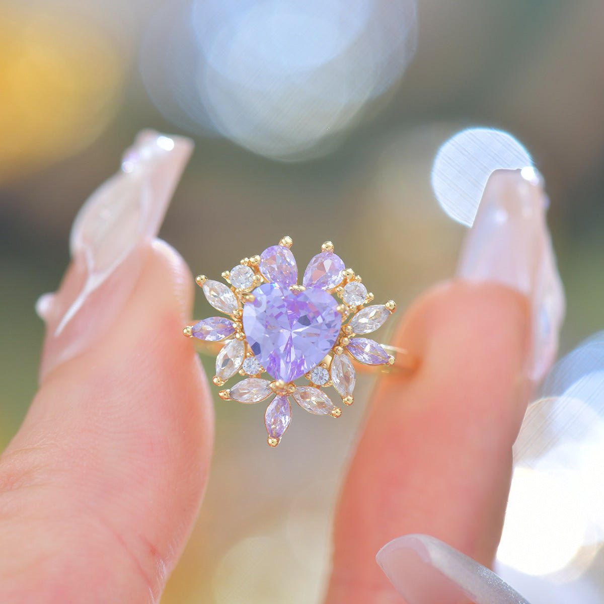 Amethyst Fleur Heart Ring