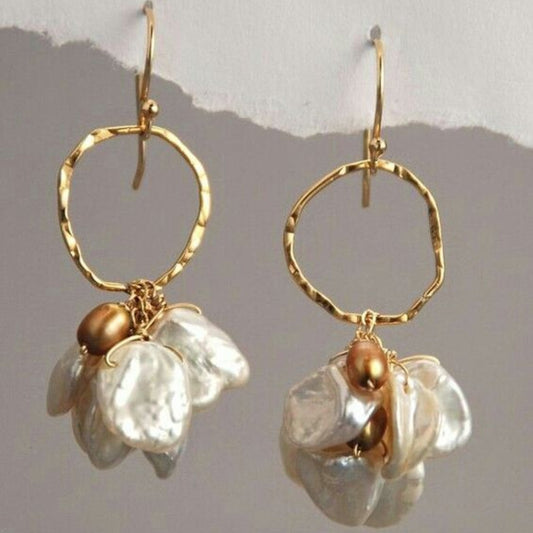 Pearl Dangling Flower Golden Earrings