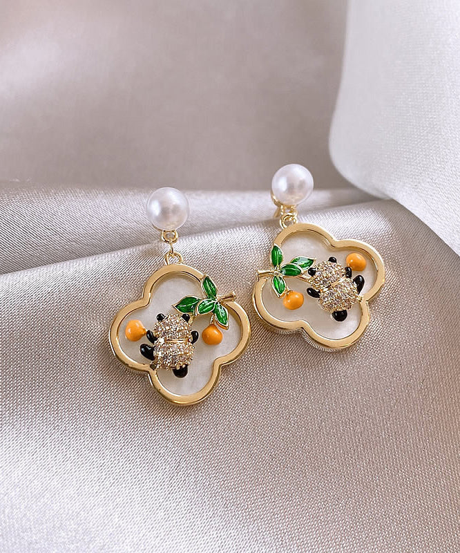 Gold Sterling Silver Alloy Panda Pearl Stud Earrings