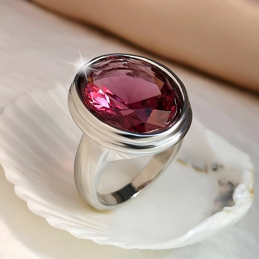 Red Rounded Stone Silver Ring