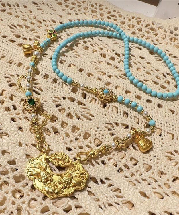 Diy Gold Sterling Silver Overgild Turquoise Pearl Inlaid Gem Stone Pendant Necklace