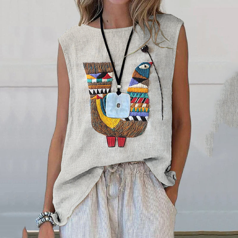 Comstylish Women's Vintage Bird Embroidery Pattern Comfortable Sleeveless Shirt