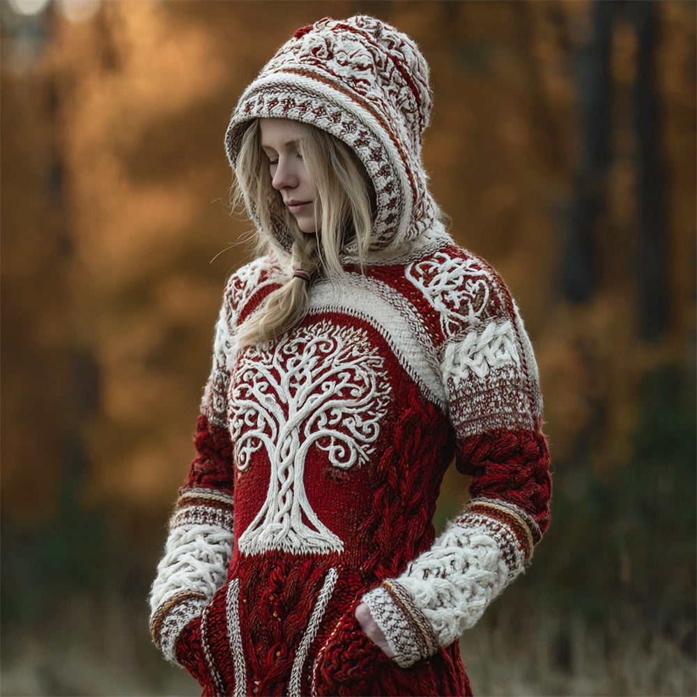 Comstylish Christmas Viking Tree Of Life Women's Knit Hooded Sweater