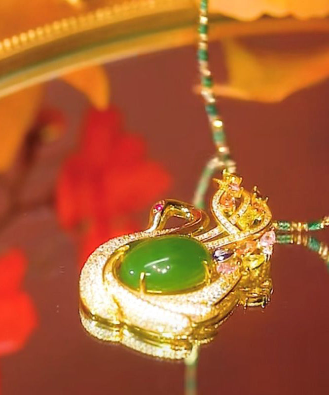 Green Sterling Silver Overgild Jade Cat's Eye Stone Swan Zircon Bamboo Joints Pendant Necklace