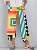 Women's Abstract Art Geometric Pattern Linen Blend Pants elevenforest