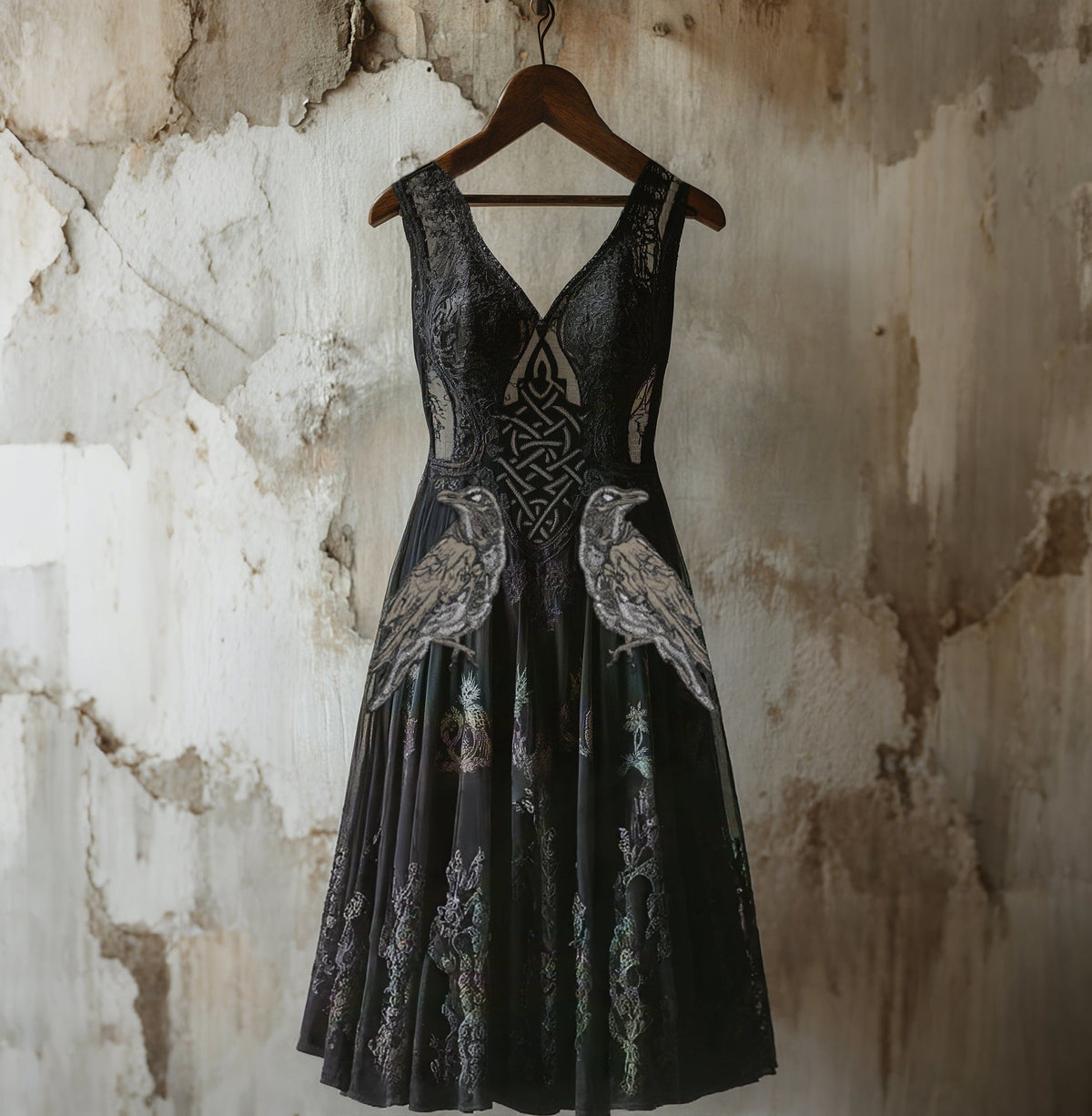 Women's Vintage Viking Raven Celtic Knot Art Linen Midi Dress elevenforest