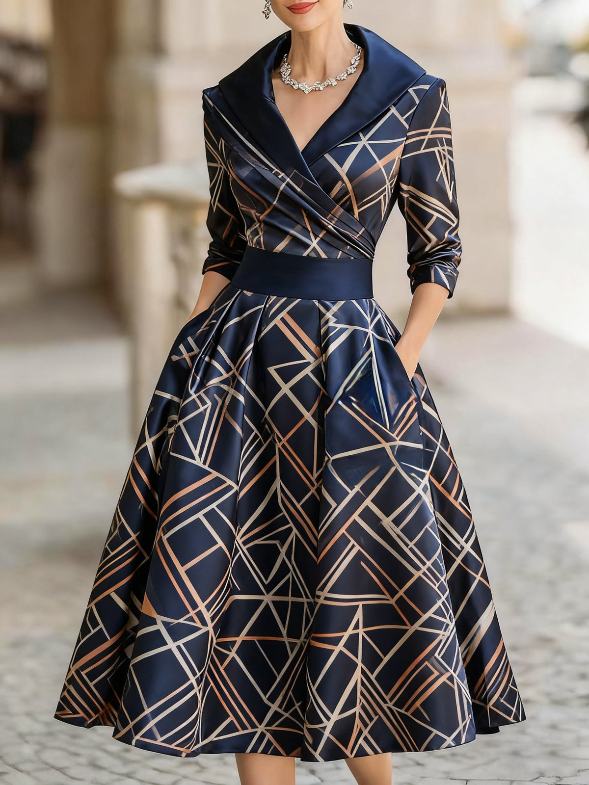 Women's abstract jacquard printed mid-length dress
