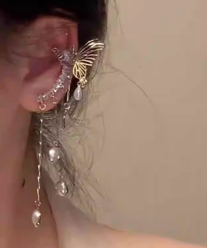 Silk Copper Zircon Pearl Butterfly Tassel Drop Earrings