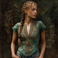 Viking Embroidery Vintage V-neck Short-sleeved Shirt elevenforest