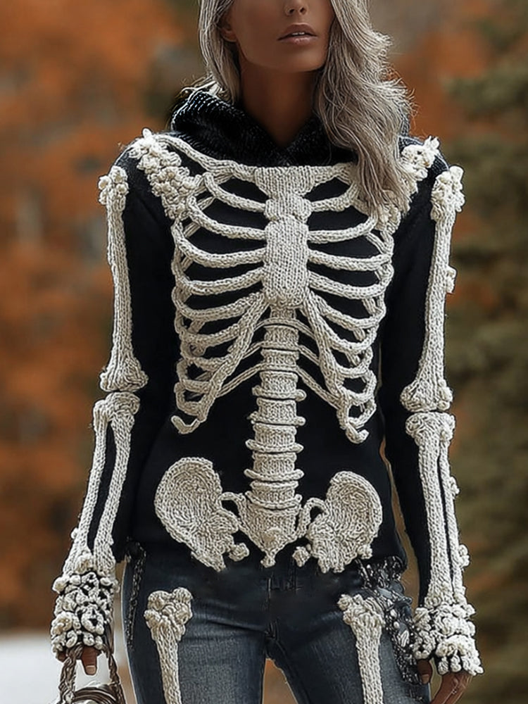 Comstylish Women Halloween Skeleton Ancient Hooded Sweater